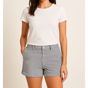 Banana Republic Women’s Striped Shorts Size 12 Blue White Cotton Blend Pre-Owned